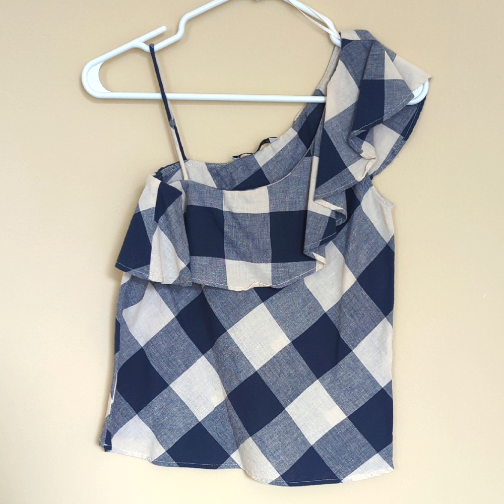 Zara Blue and Cream Plaid One-Shoulder Blouse